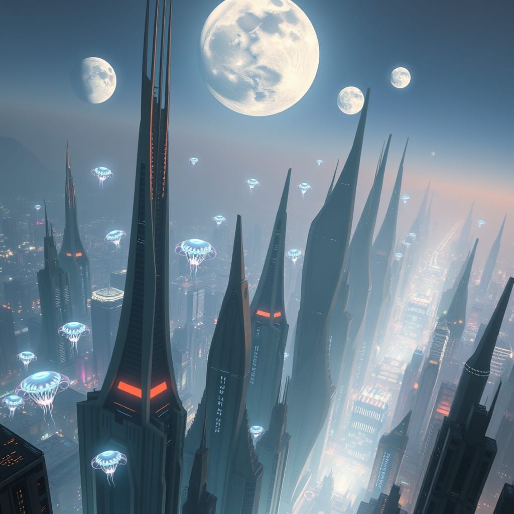Futuristic Cityscape With Twisting Towers and Multiple Moons