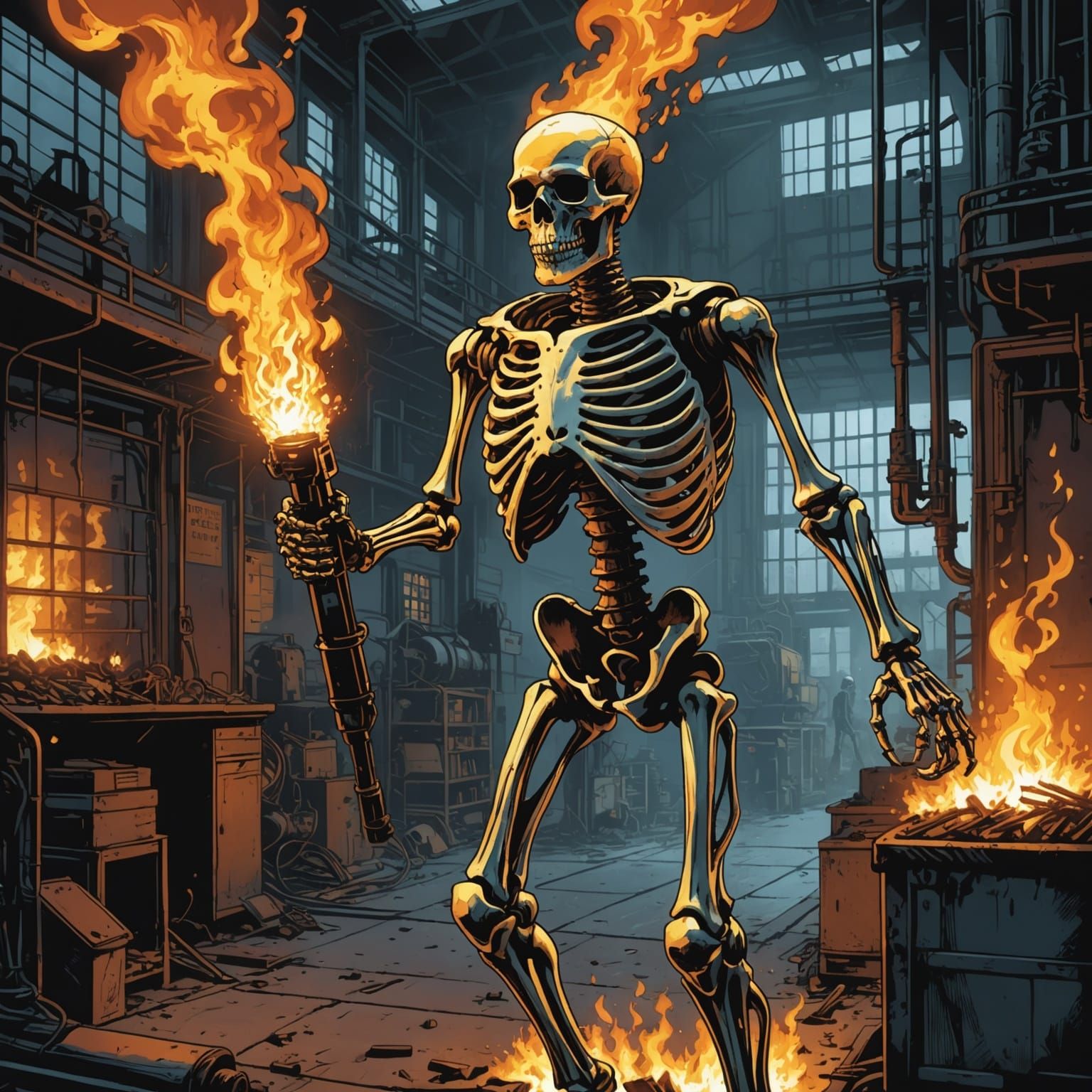 Flaming Skeleton Flamethrower in Comic Book Art Style