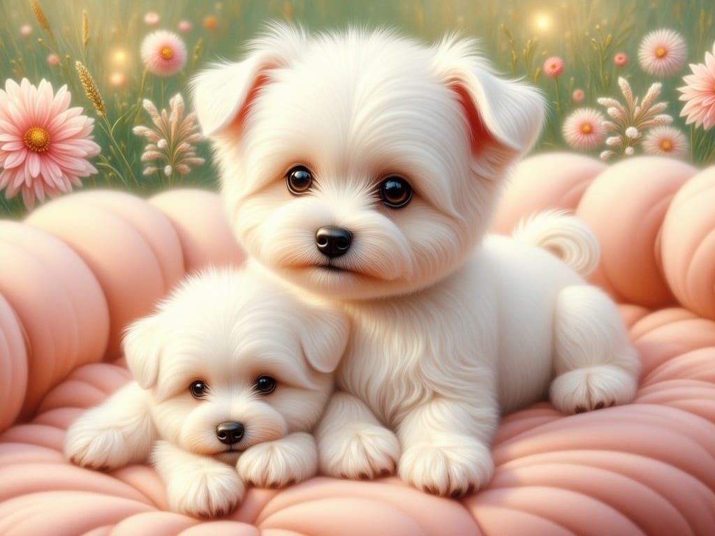 Sitting in Harmony: A Mother and Pup in Soft Pastel Hues