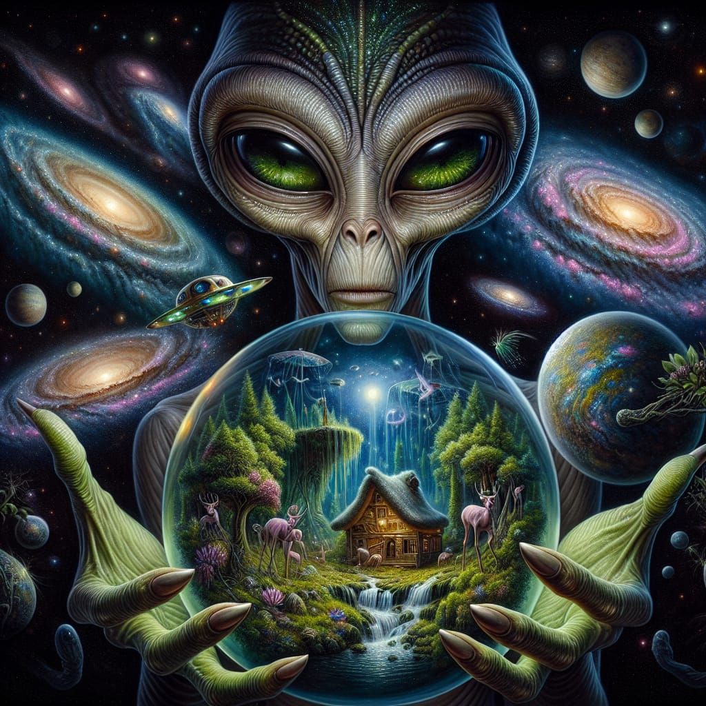 Alien Hands Holding Orb with Miniature Forest