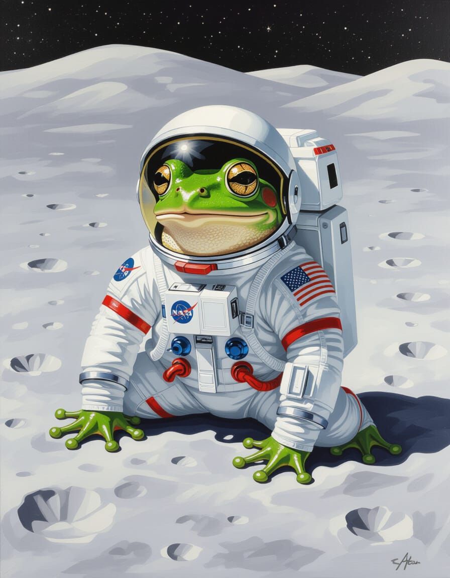 Astronaut Frog on the Moon with a Surprise