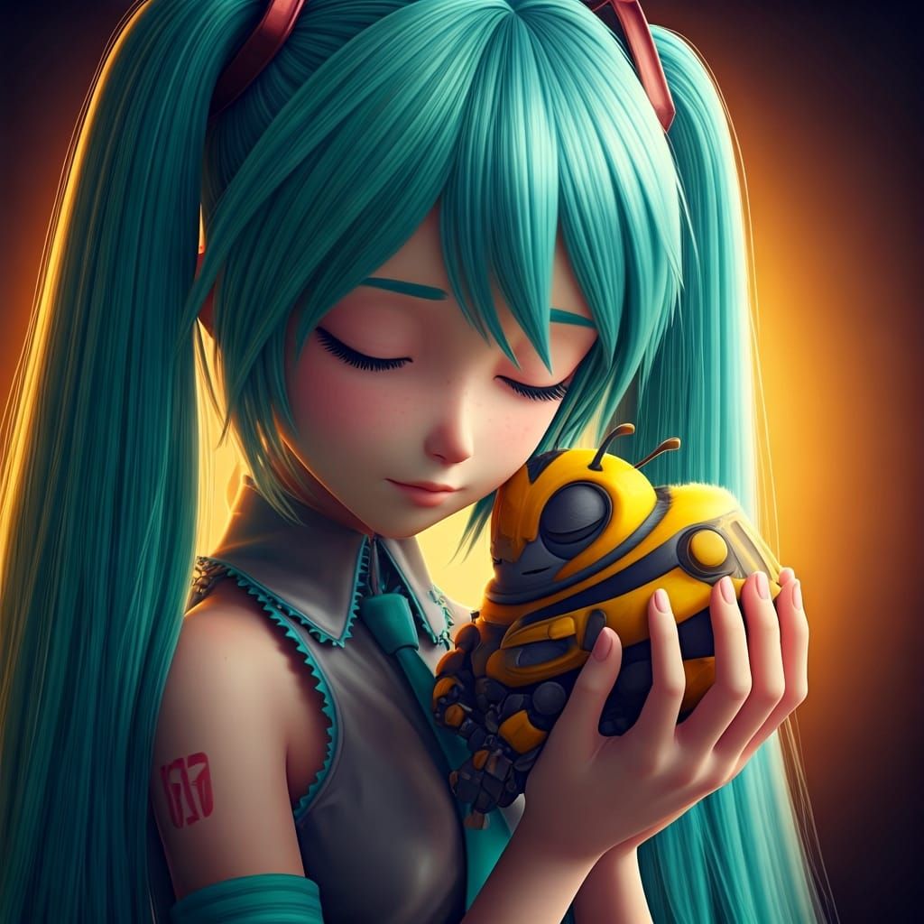Sleepy Bumblebee in Hatsune Miku's Hands: Pixar Style