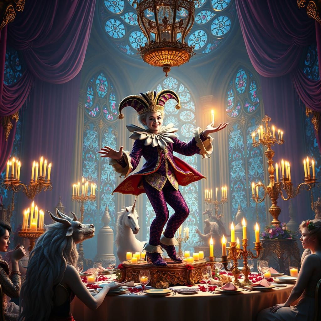 Whimsical Jester Performs at Grand, Enchanted Feast