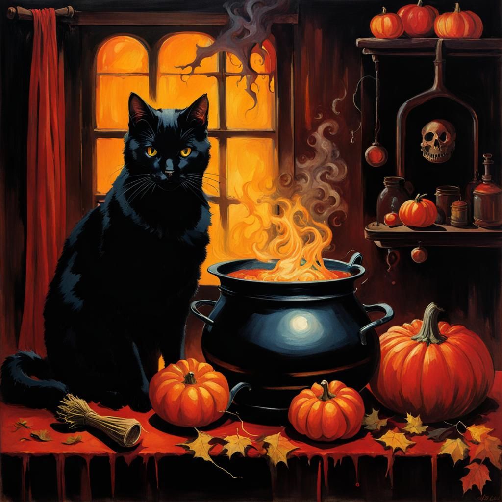 Black Cat in Spooky Kitchen, Moody Horror Style