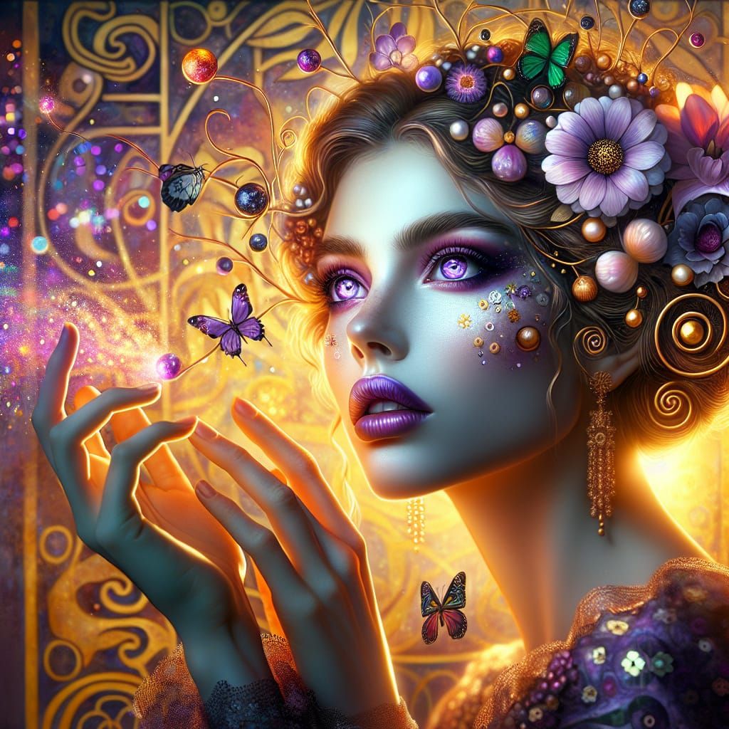 Violet-Eyed Woman with Flowers, Art Nouveau Style