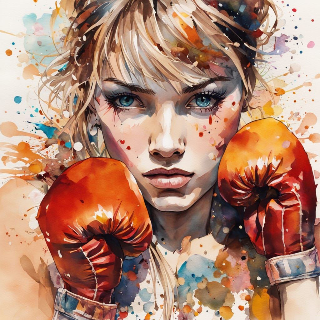 Chibi Female Boxer Crafted from Mixed Media