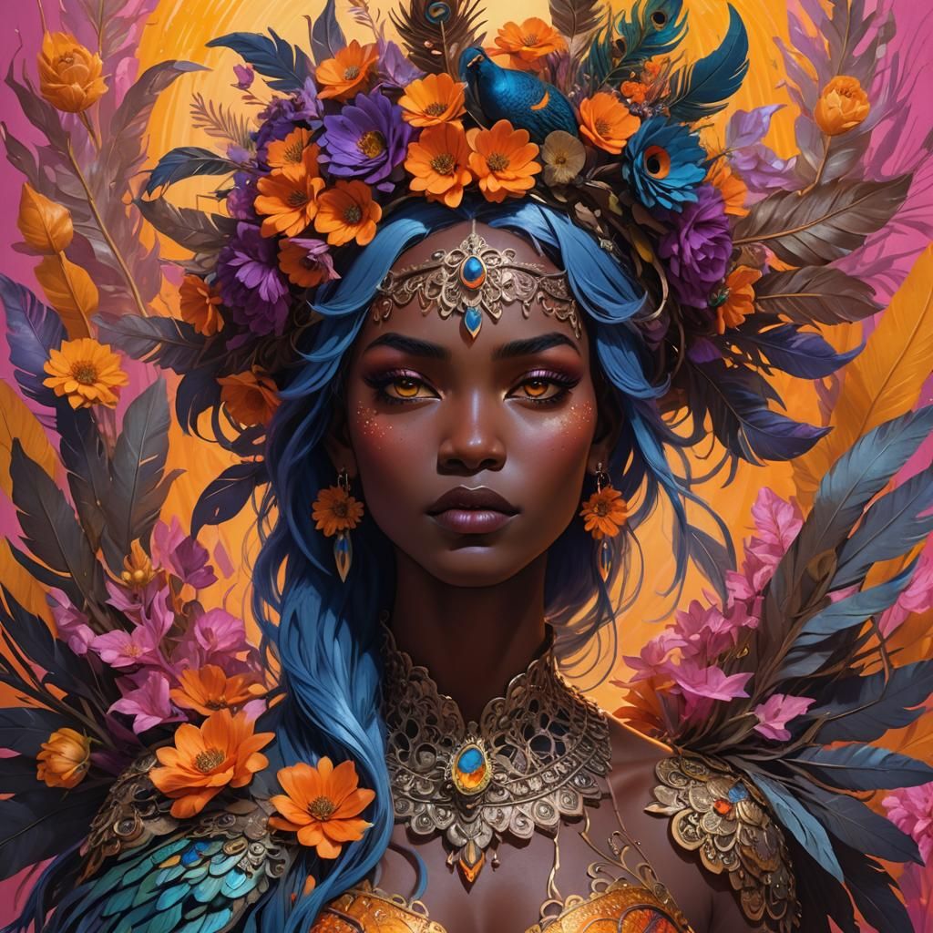 Dark Fantasy Woman with Peacock Feathers in Art Nouveau Styl...