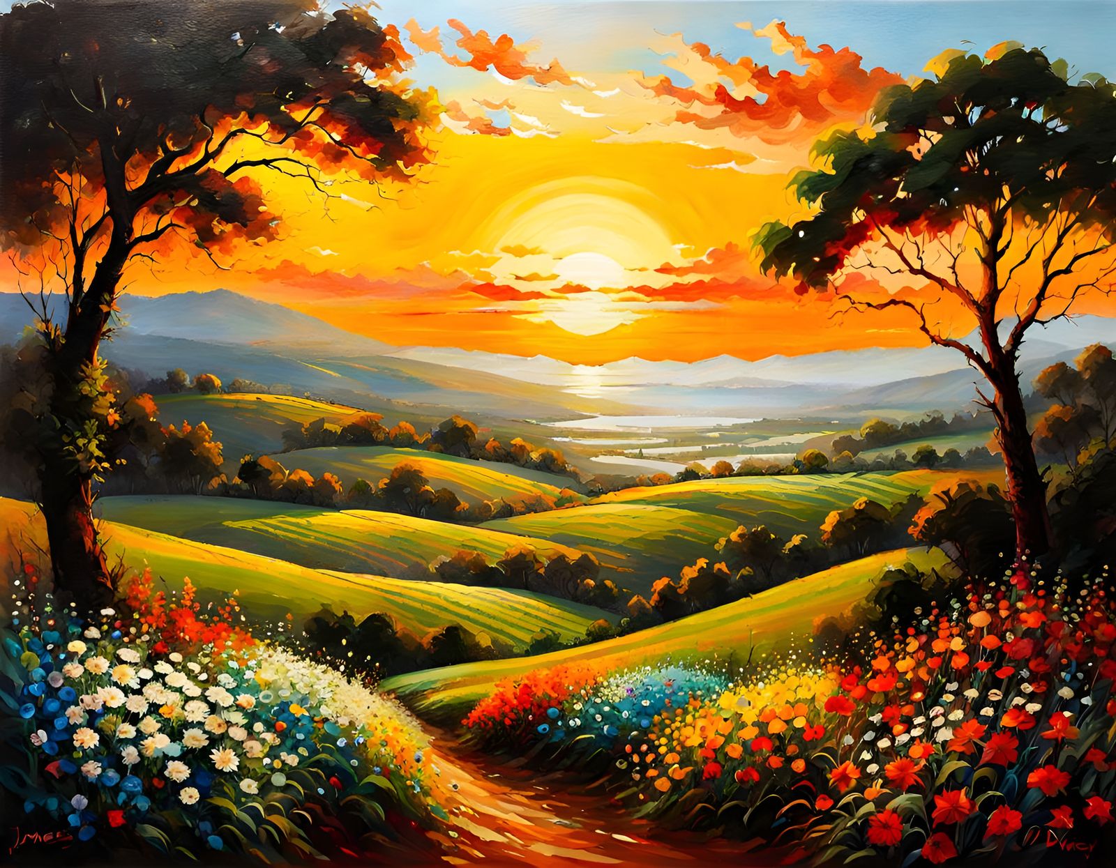 Jesus Beckoning Children: Digital Watercolor Summer Sunset