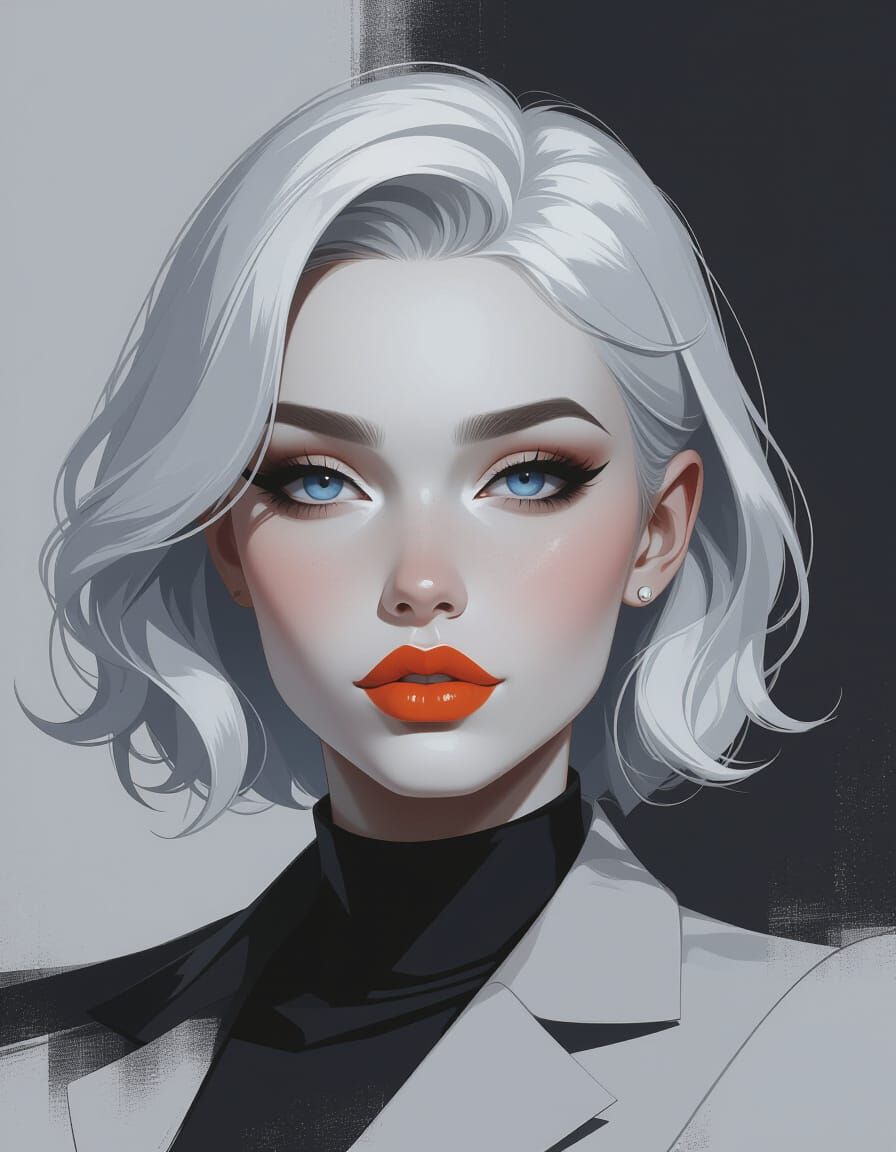 Monochrome Female Portrait with Vivid Blue Eyes and Orange L...