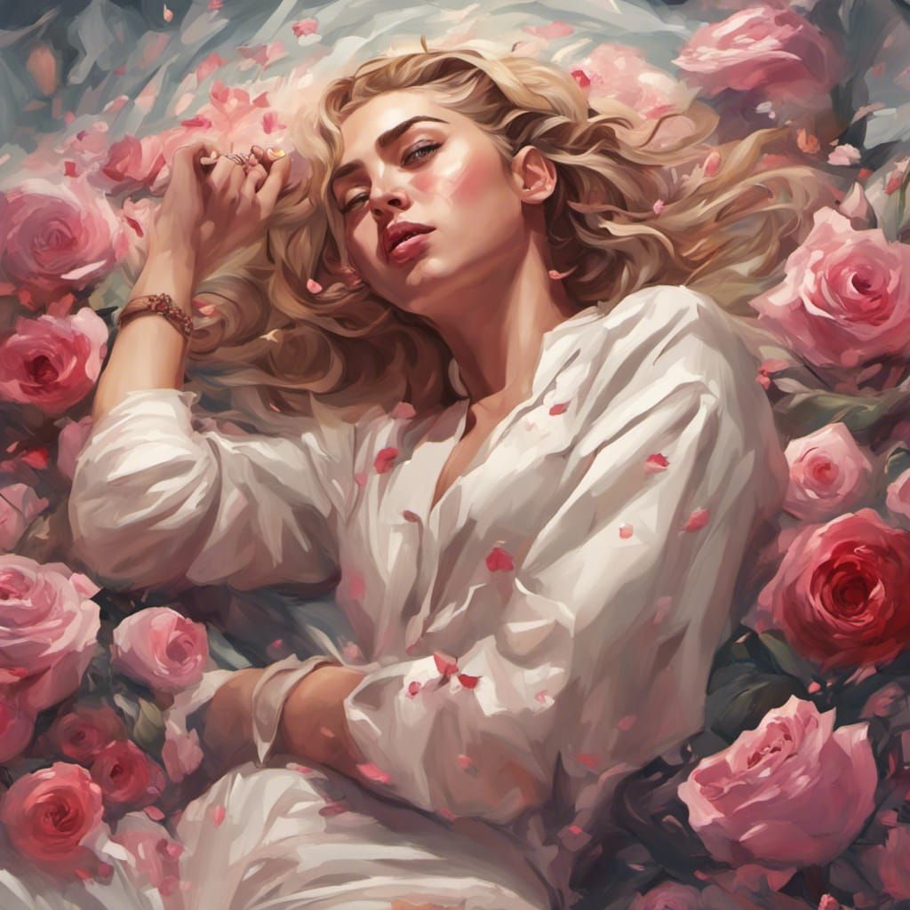 Hyperrealistic Woman in Flower Bed Portrait