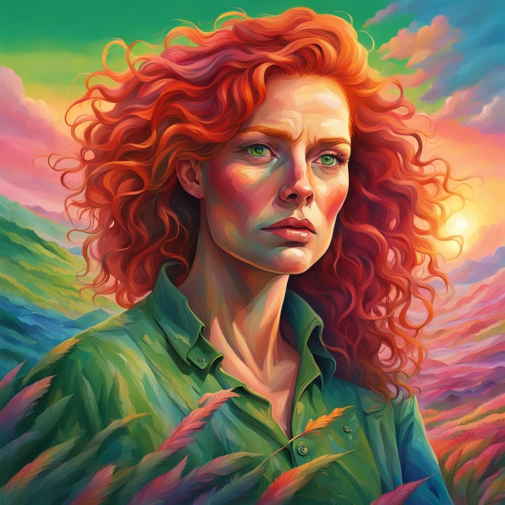 Redhead in Rainbow Landscape: Hyperrealistic Splash Art