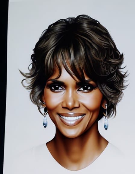 Halle Berry Smiling, Photorealistic Watercolor Painting