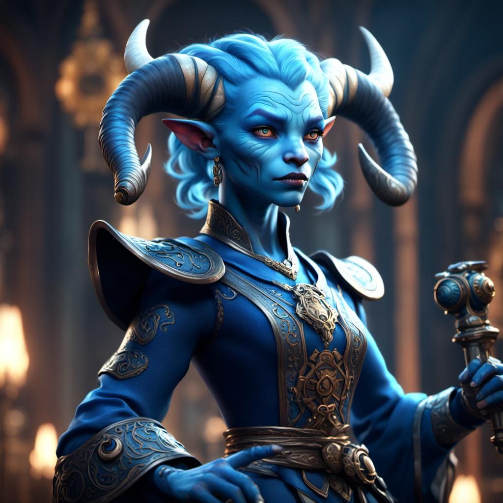 Blue Tiefling Girl in Cute Dress, Fantasy Art