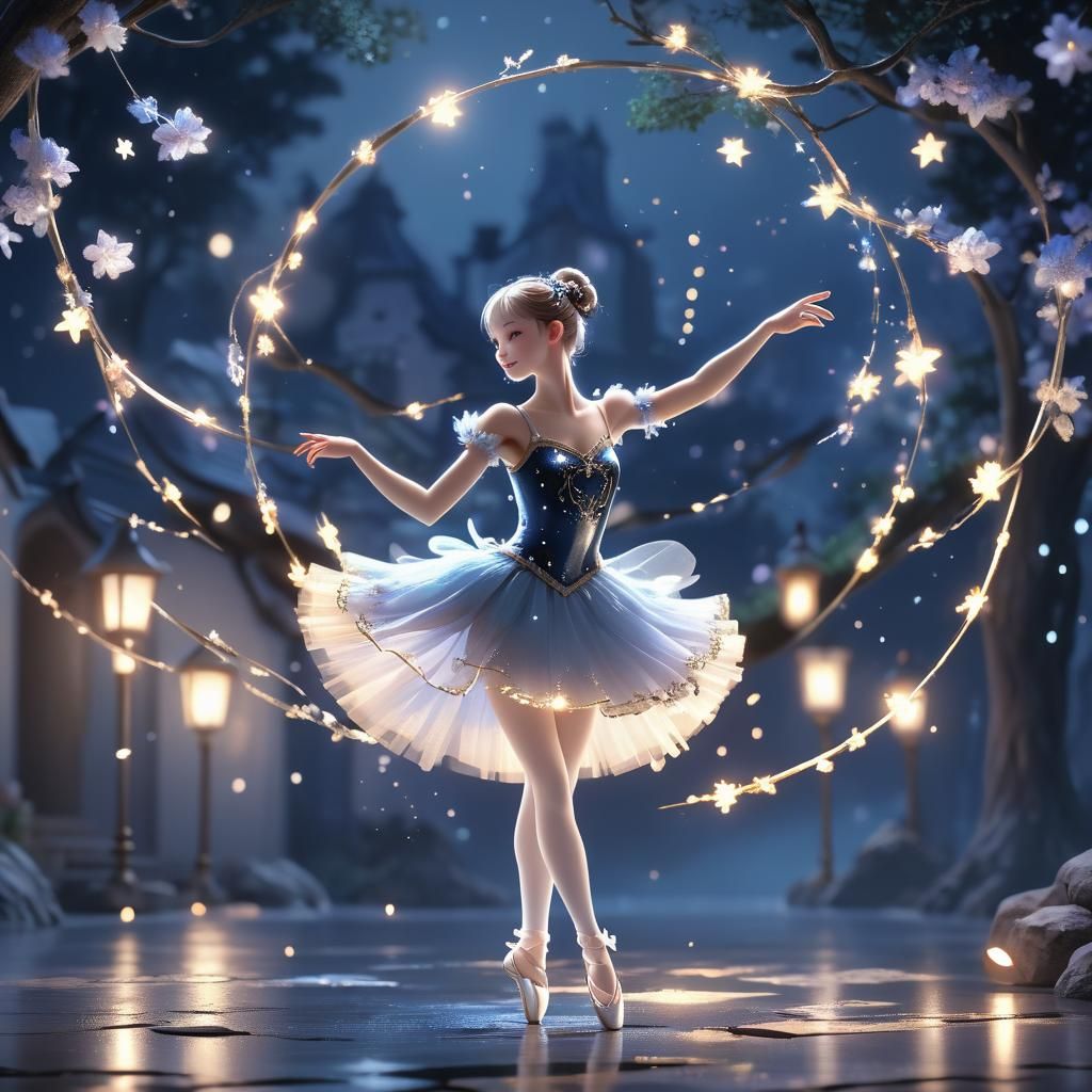 Sparkling Fairy Ballerina Dancing in Moonlight, Anime Art