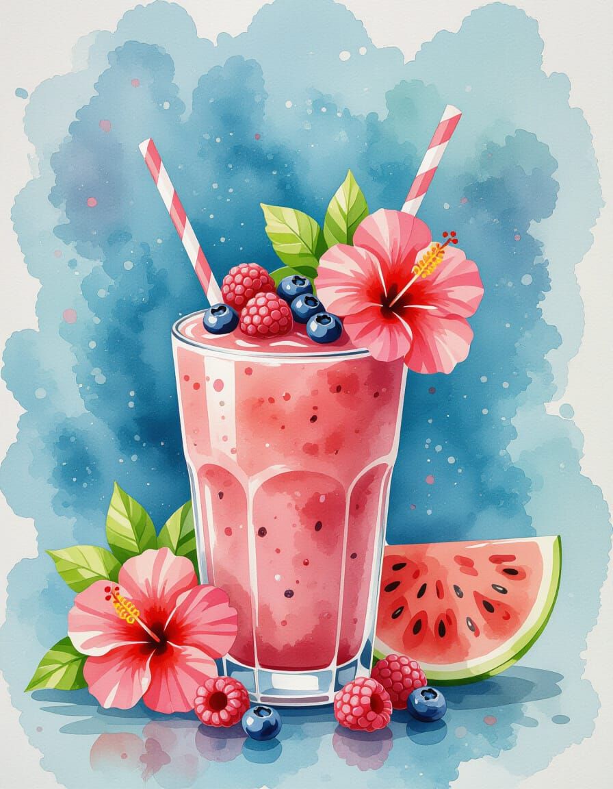 Watercolor Watermelon Smoothie with Berries and Hibiscus