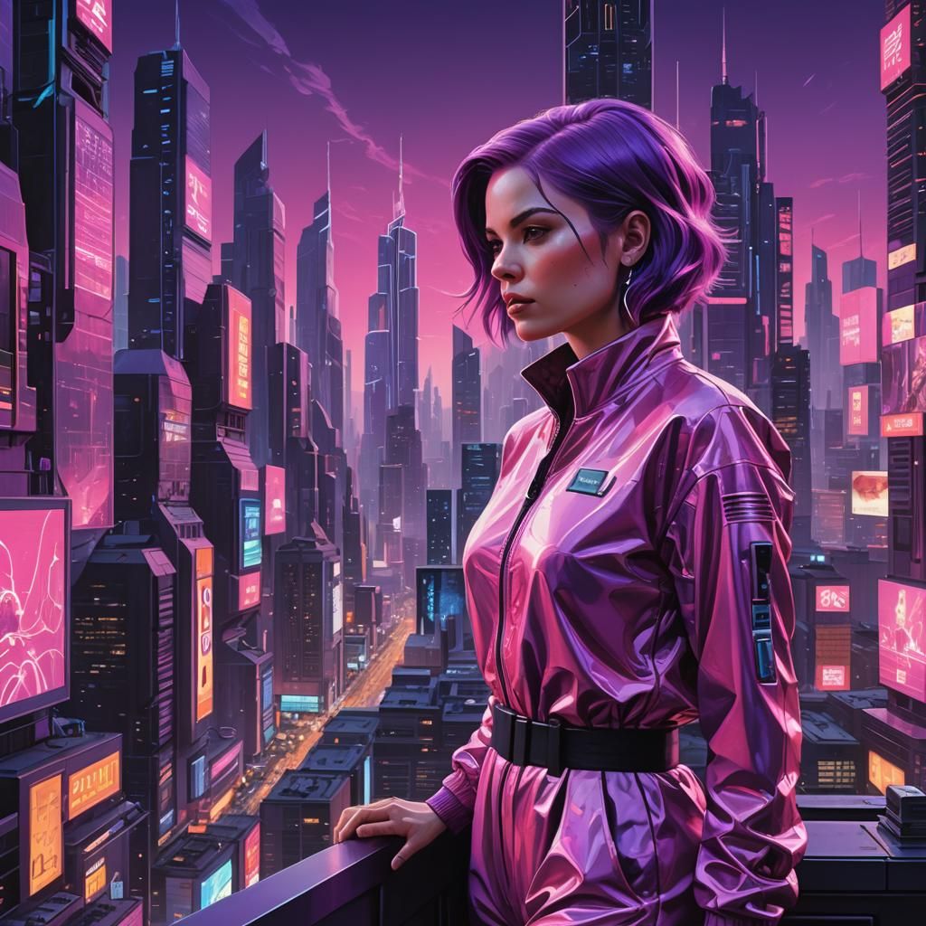 Neon 80s Woman in Futuristic Cityscape
