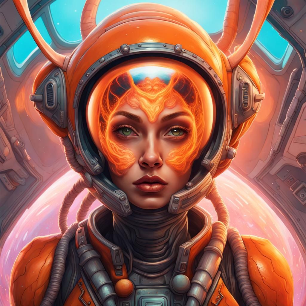 Orange Alien Woman Piloting Spaceship: Hyperrealistic Art
