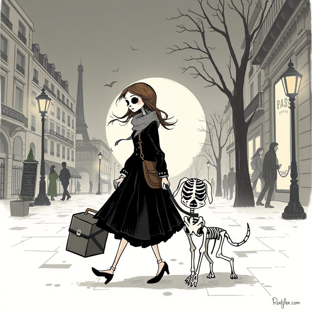 Parisian Girl Strolls with Her Lovable Skeleton Dog in Whims...