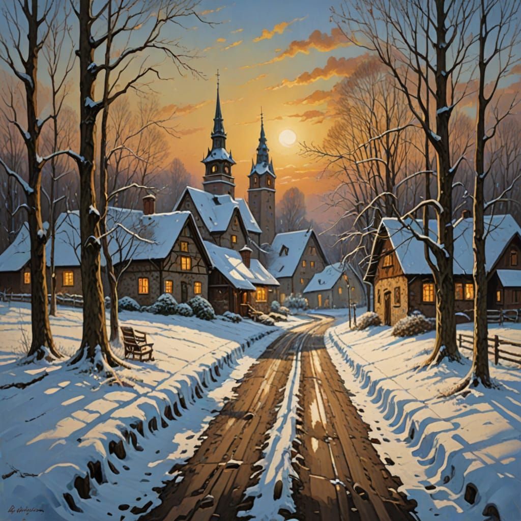 Magical Christmas Train in Snowy Landscape Oil Painting