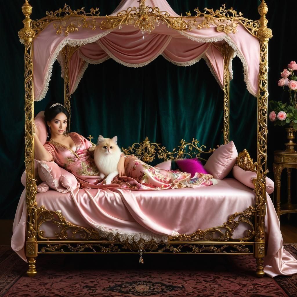 Woman and Cat on Opulent Bed in Oil Painting Style