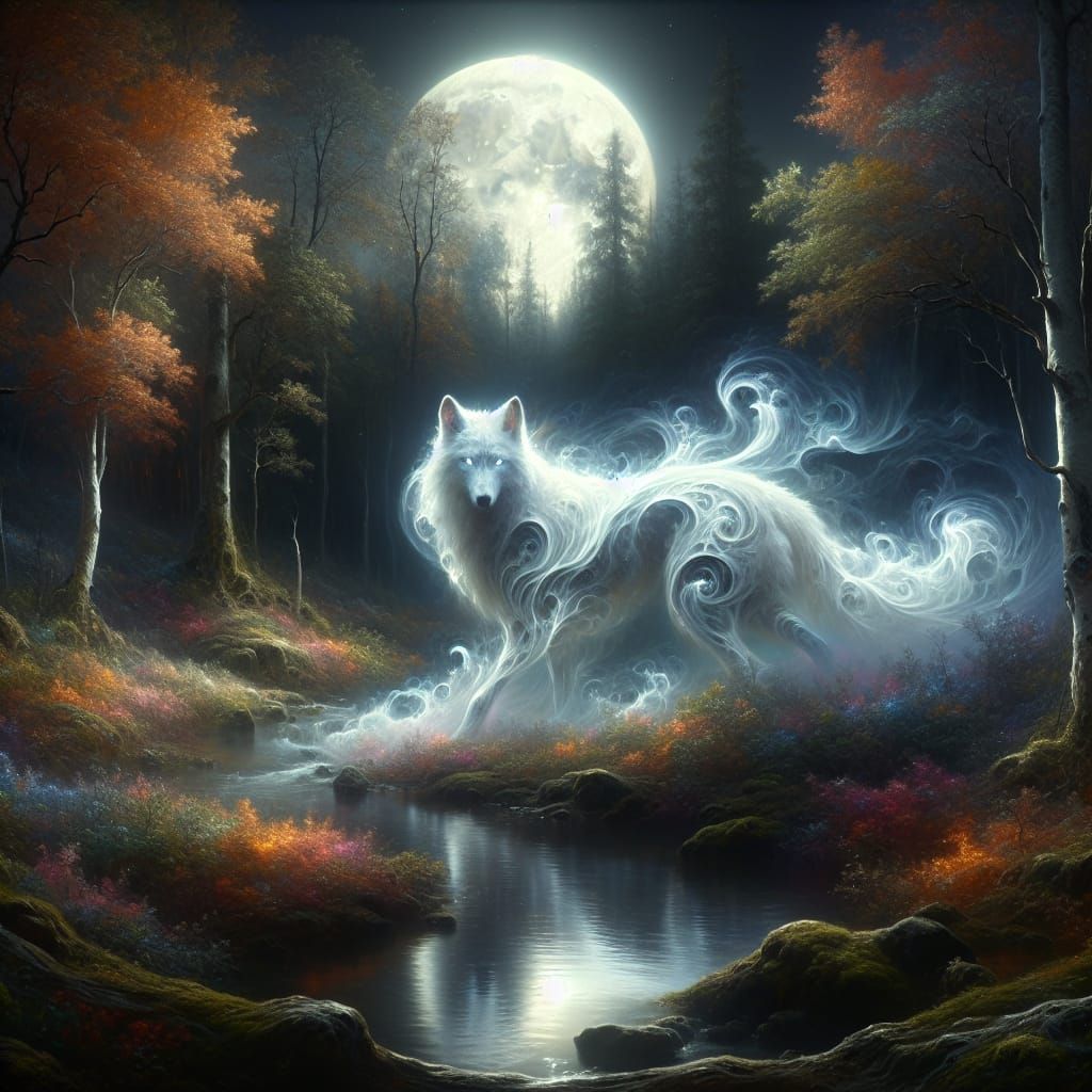 Ethereal Smoke Wolf in Moonlit Woodland Scene