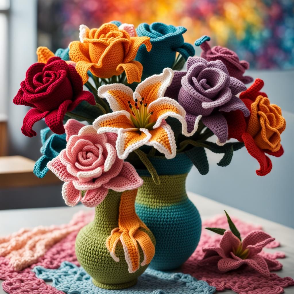 Hyperrealistic Crochet Roses and Lilies Still Life