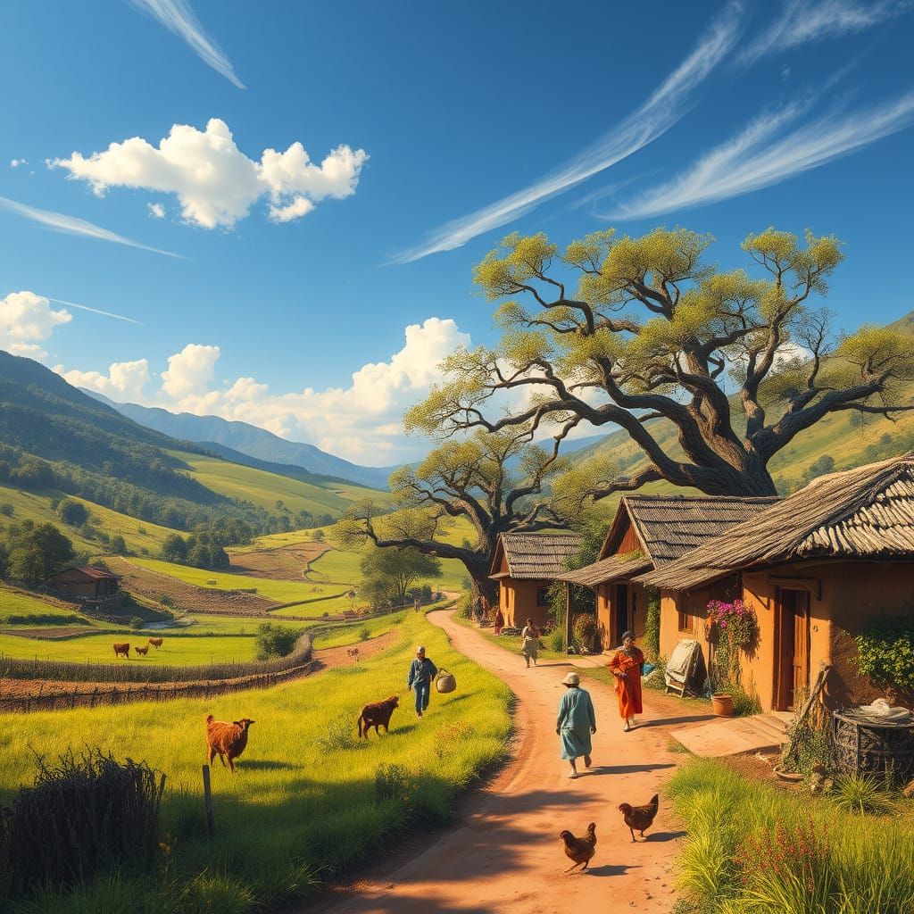 Idyllic Rural Village in Impressionist Style