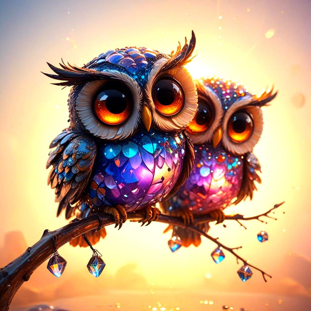 Surreal Whimsical Owls in Radiant Sunrise Glow
