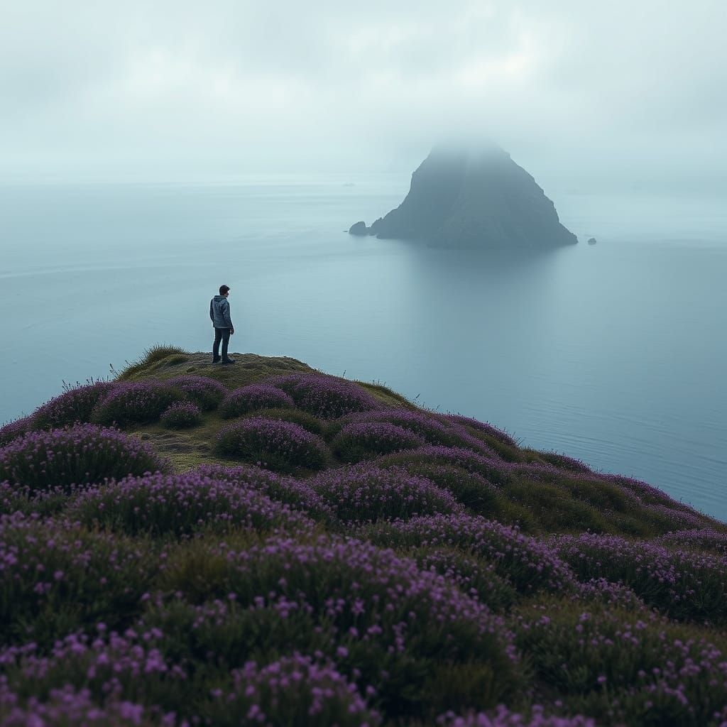 Whimsical Hilltop Landscape with Dark Island