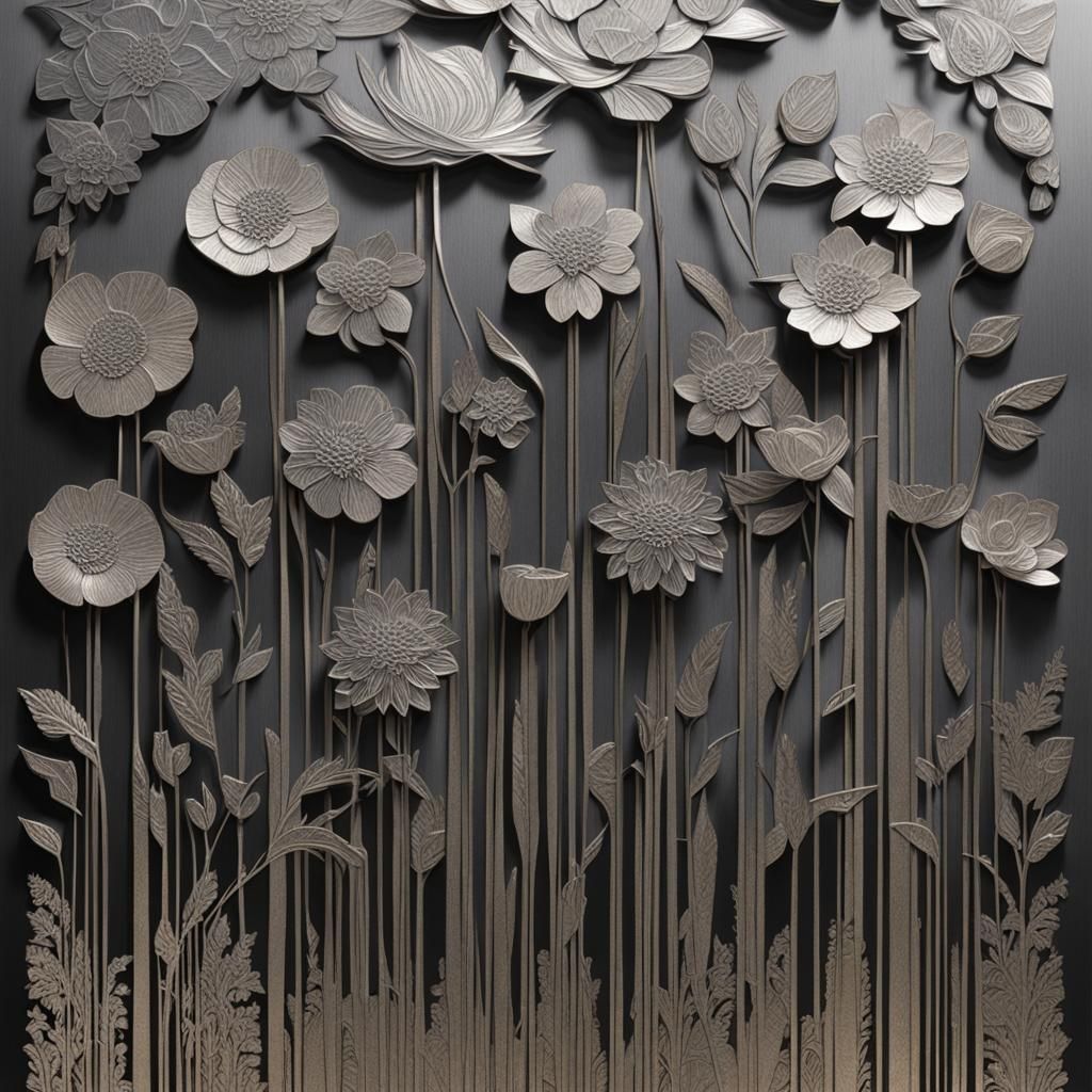 3D Metal Engraved Flower Sculpture in Hyper-Realism