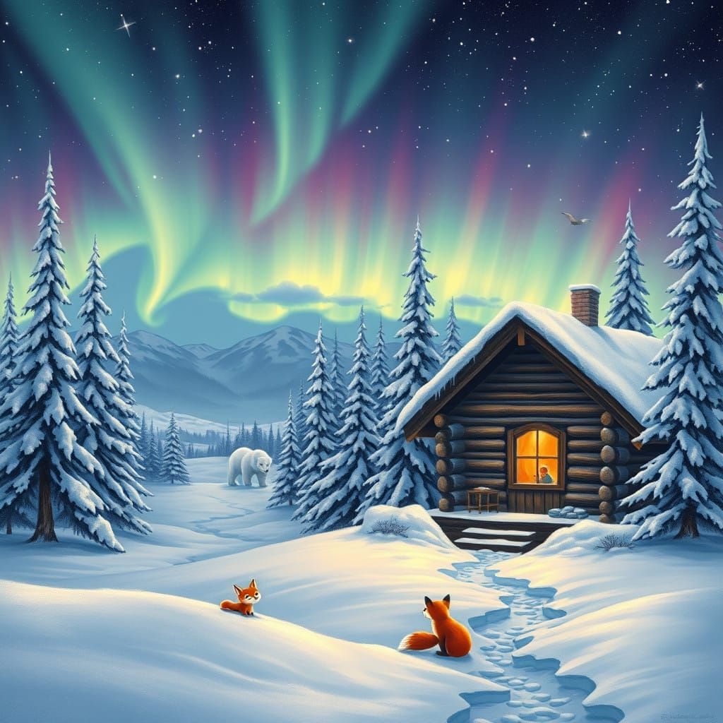 Whimsical Winter Wonderland Scene in a Dreamy Style