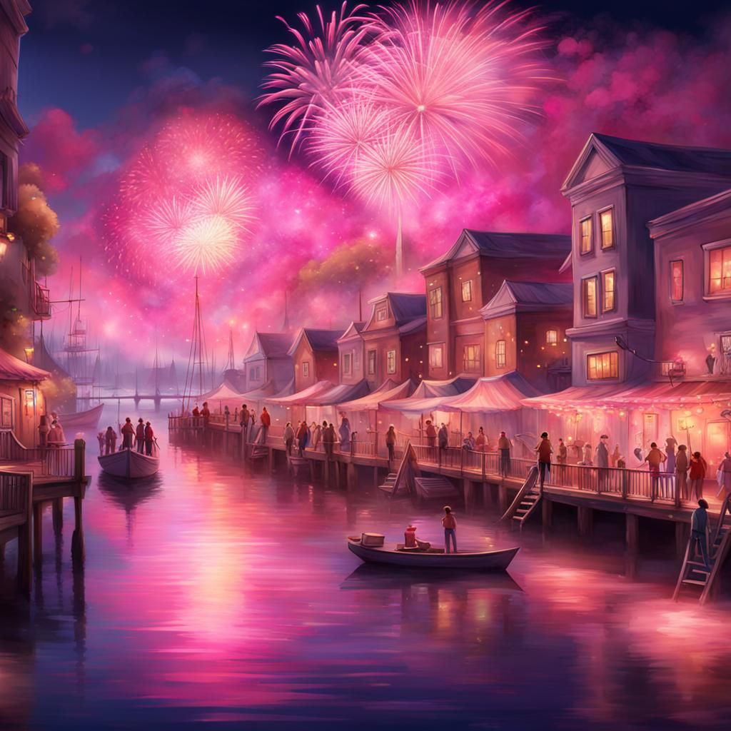 Fantasy City Festival at Night with Fireworks
