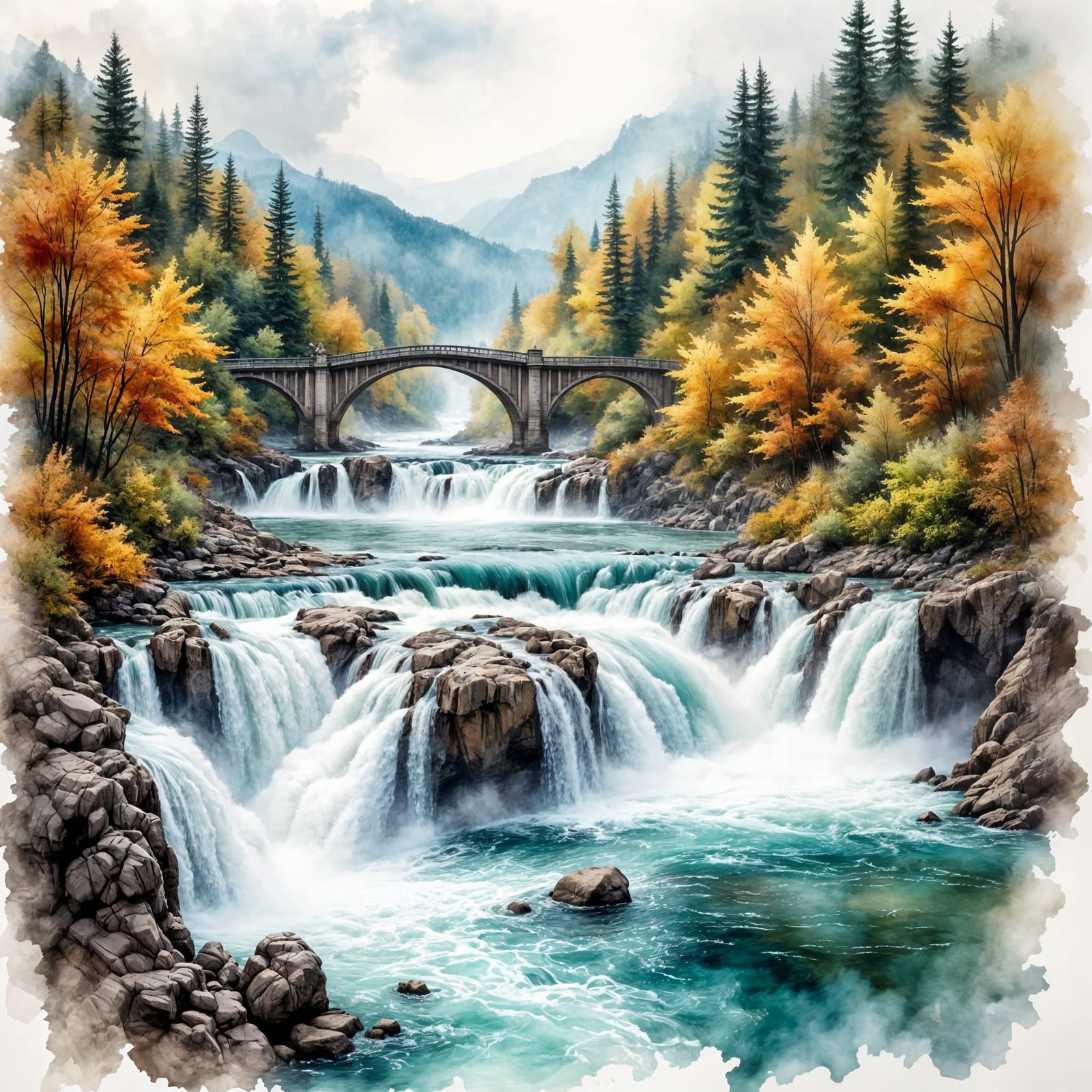 Dramatic Rhine Falls in Autumn Watercolor