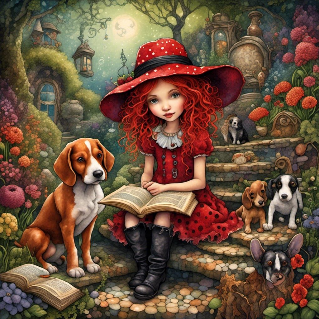 Cartoon Gothic Girl Reading in Magic Garden