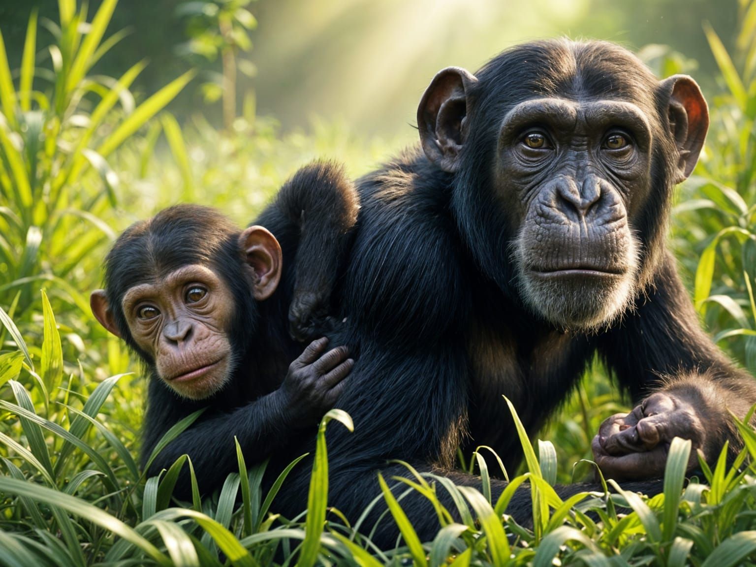 Mother and Child Chimpanzees in a Sunlit Savanna