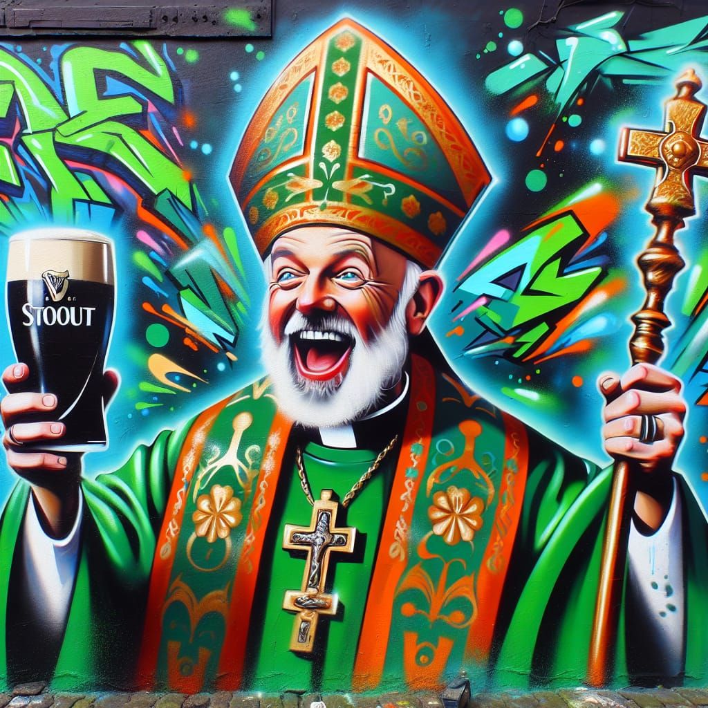 Irishman Enjoying Stout in Vibrant Graffiti Art