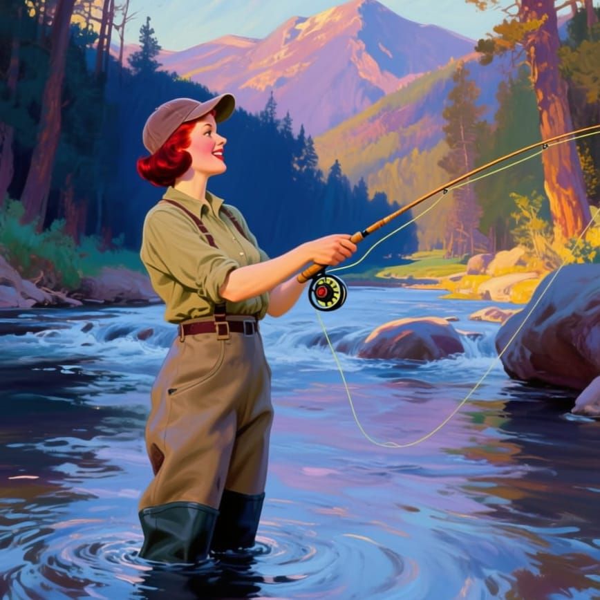 Woman Fly Fishing in Idyllic Mountain River Impressionist Oi...
