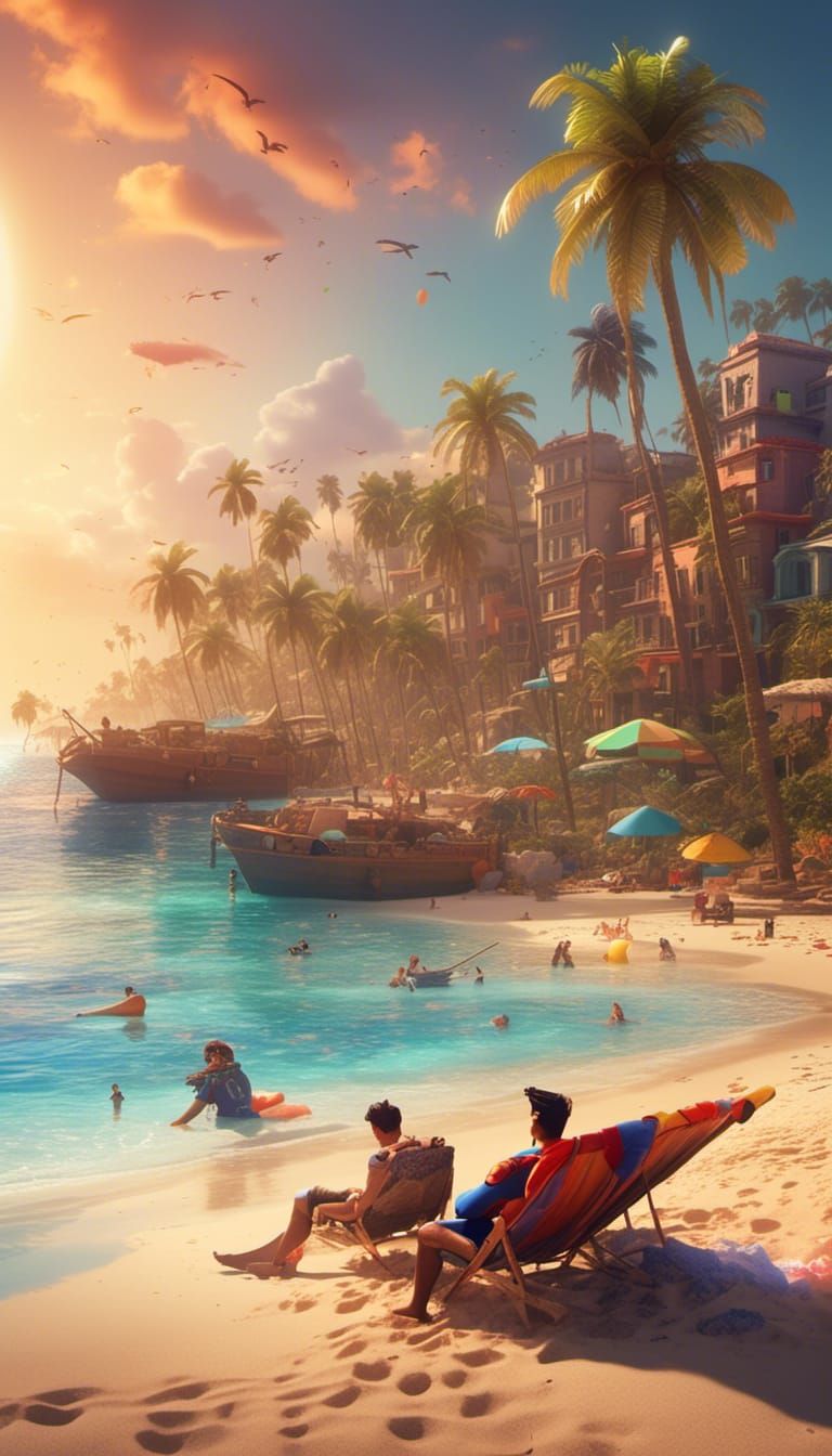 Superhero Family Beach Sunset in 3D Style