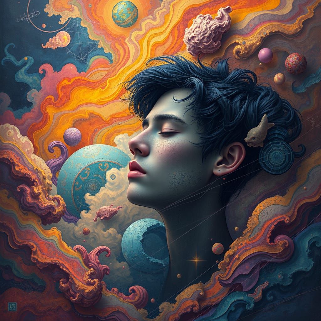 Contemplative Figure Amidst Swirling Abstract Clouds