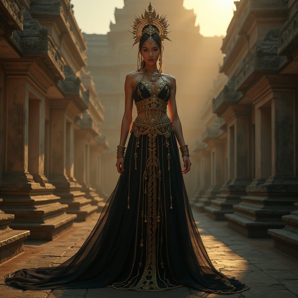 Elegant Indonesian Goddess Amidst Ancient Temples