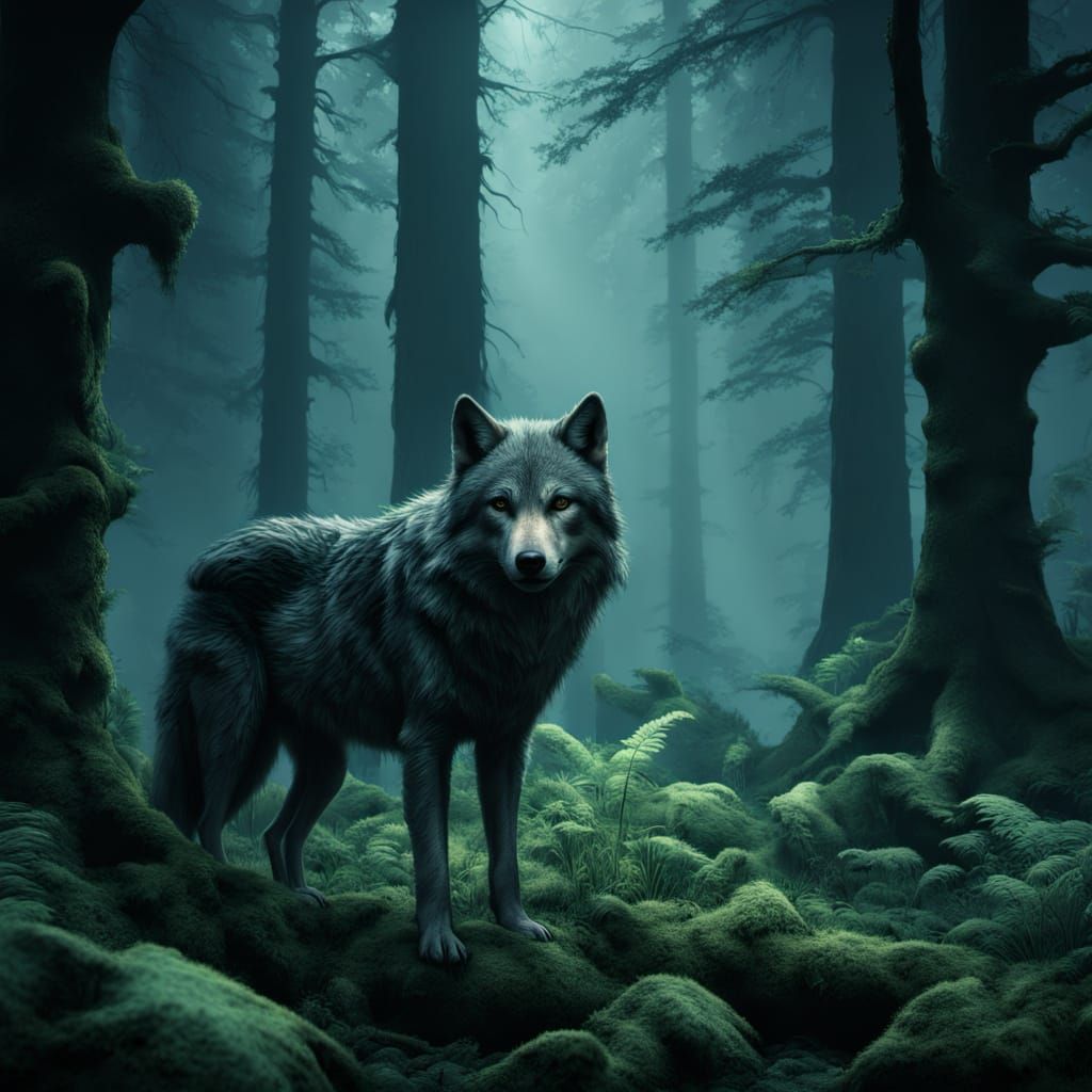 Ethereal Forest Clearing with Lone Wolf, Fantasy Art