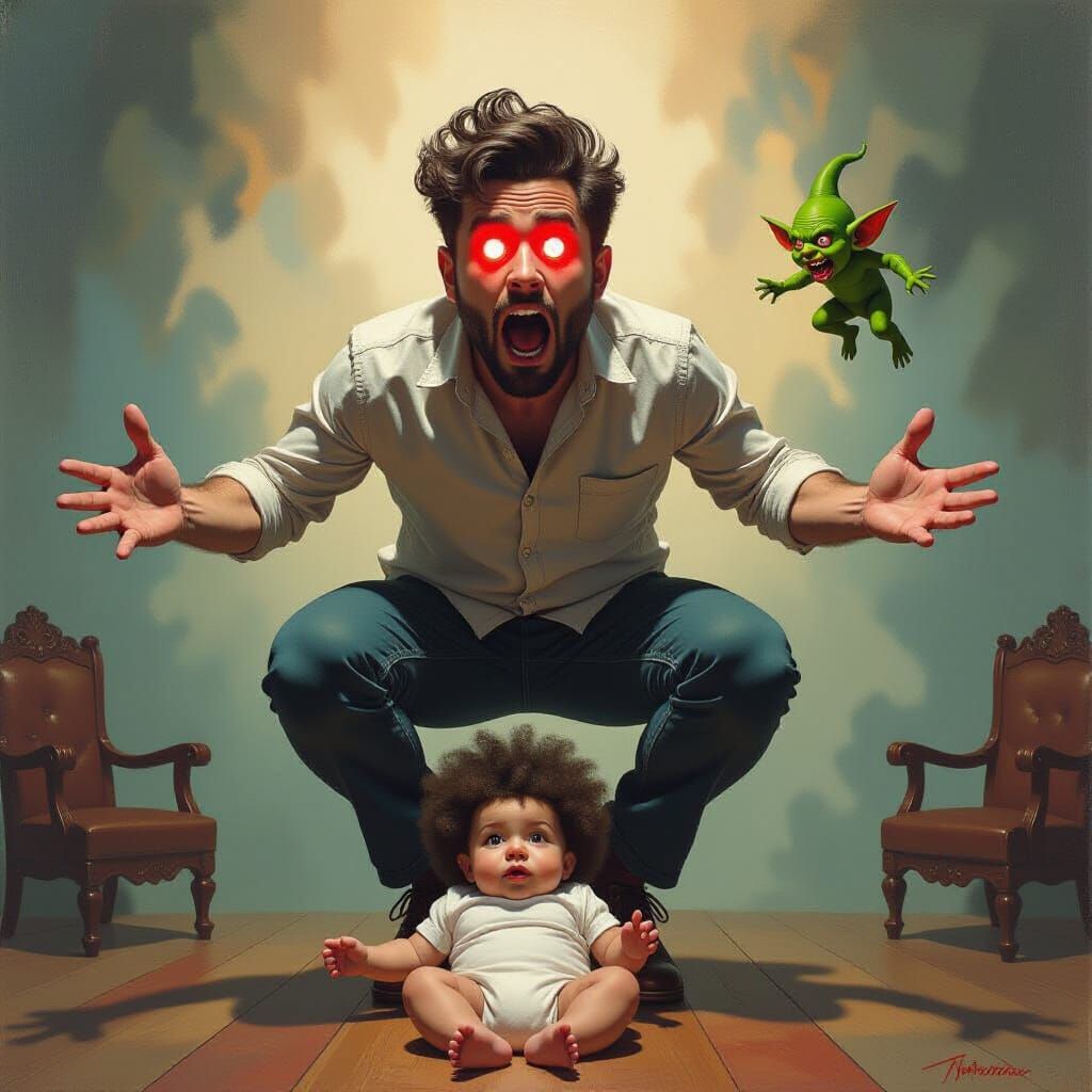 Shocked Man Hovering Over Baby with Goblin, Surreal Oil Pain...