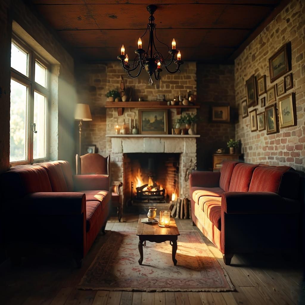 Inviting Rustic Parlor with Fireplace as Watercolor Painting