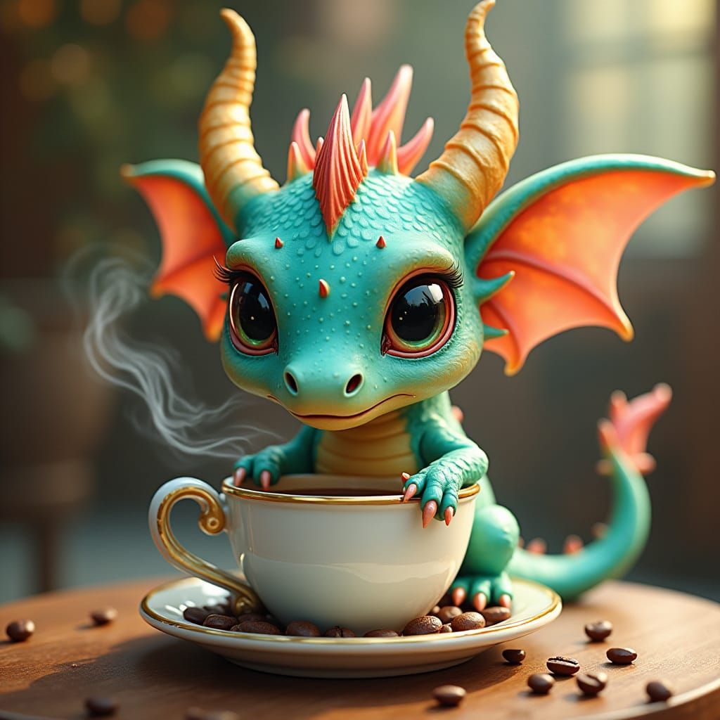 Iridescent Mini Dragon Sipping Coffee, Dreamy Watercolor Sty...