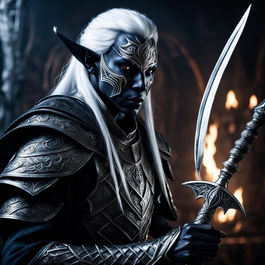 Drow Warrior with Sabers and Spider Tattoo
