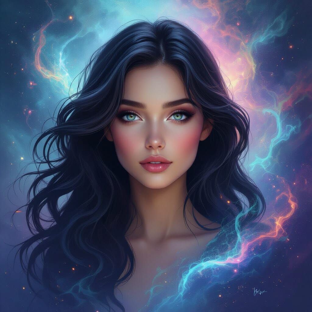 Ethereal Woman in Vibrant Magical Nebula