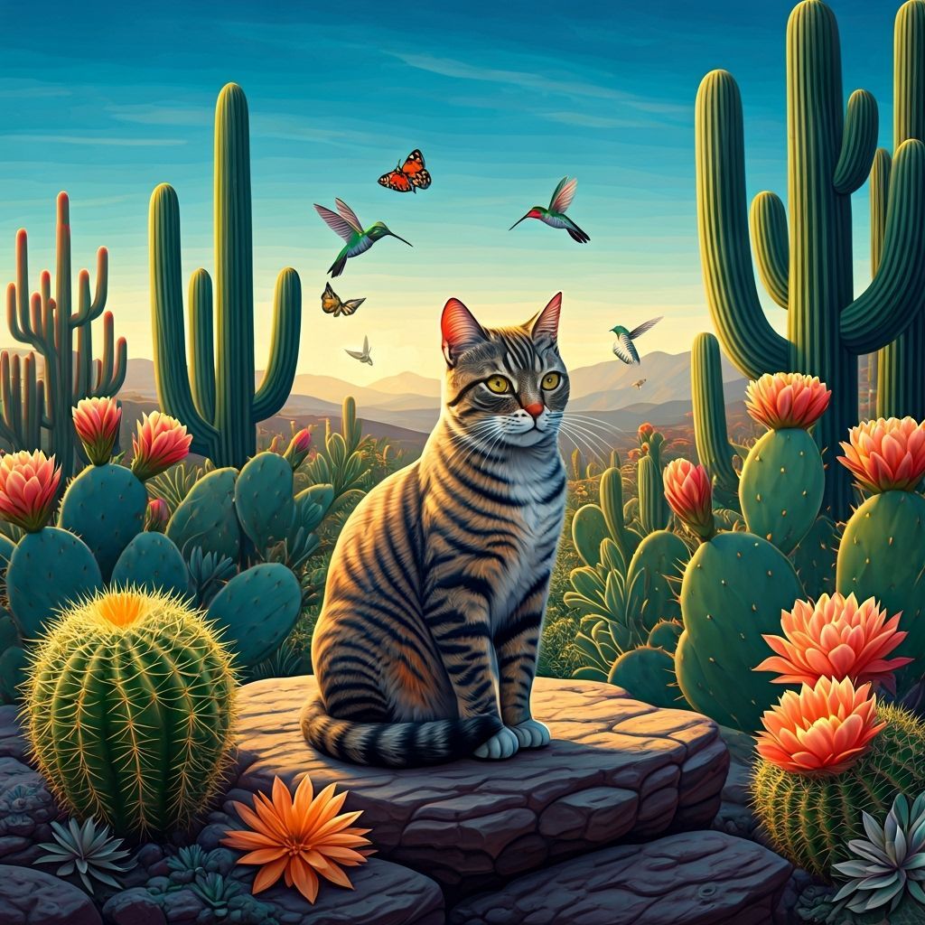 Cat in Cactus Garden, Painterly Style