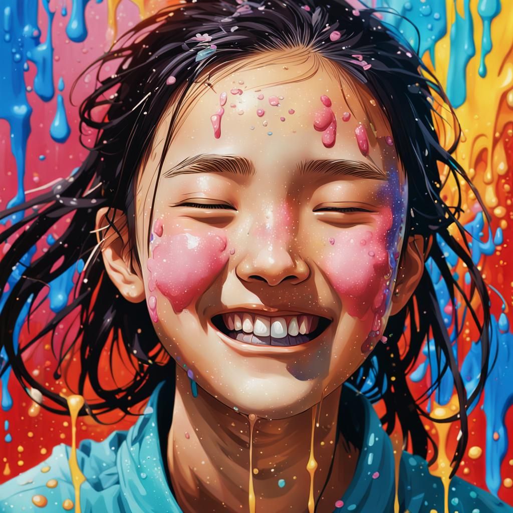 Smiling Girl Portrait in Hyperrealistic Splash Art Style