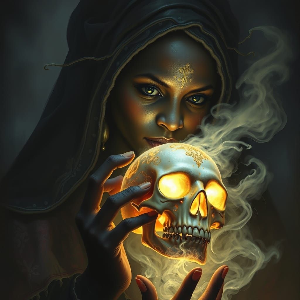 Ethereal Voodoo Priestess with Glowing Skull, Dark Fantasy