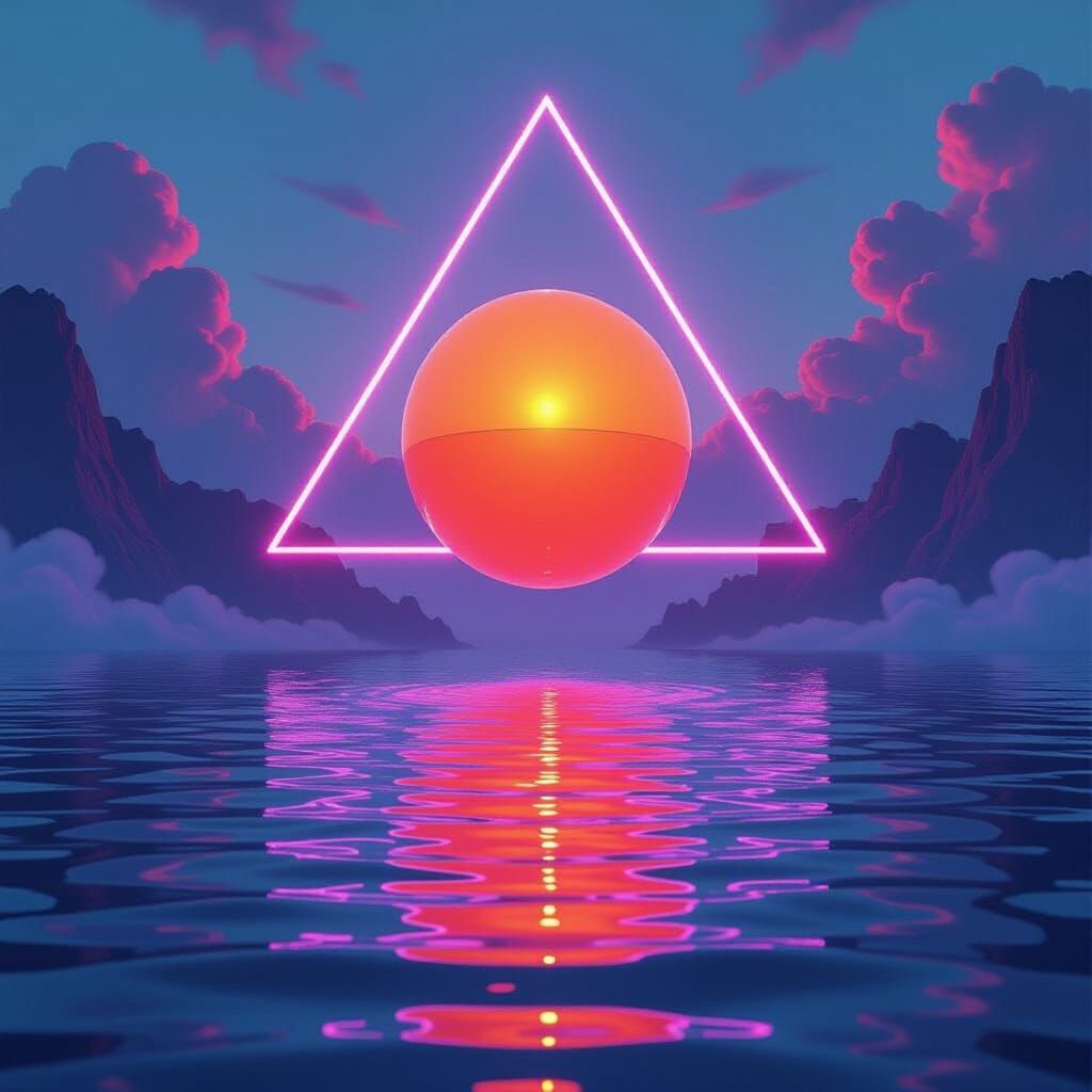 Orange Sphere with Neon Pyramid in Surreal Style